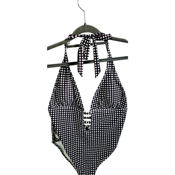 CCX Womens 14 One Piece Bathing Suit Black Gingham Plaid Lattice Cutout Swimsuit - Picture 3 of 7